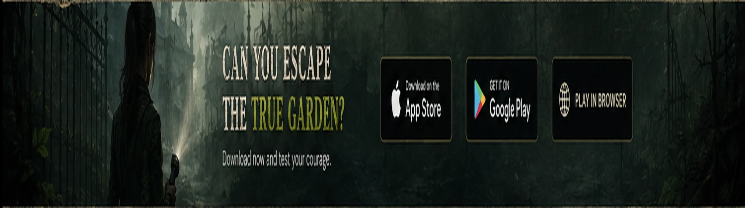 True Garden download banner with survivor near the haunted garden gate