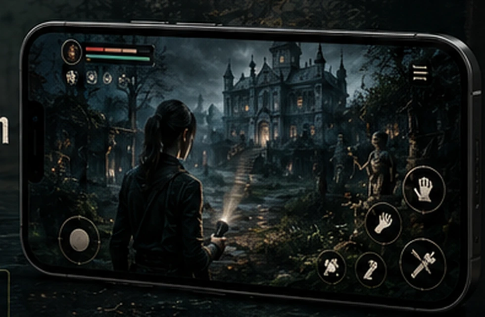 True Garden mobile gameplay showing a survivor facing a haunted mansion